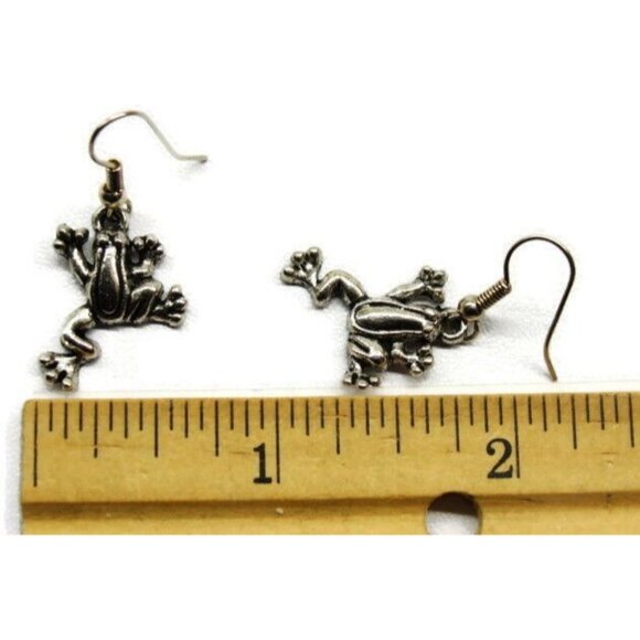 Frog Silver Tone Vertical Drop Dangle Hook Earrings Womans - Picture 4 of 5